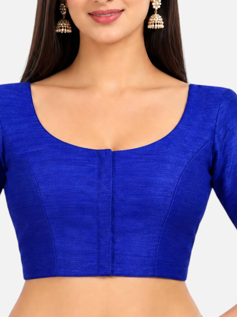 Royal blue silk solid plain round neck half sleeve readymade saree blouse