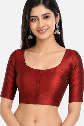 Maroon silk solid plain round neck half sleeve readymade saree blouse
