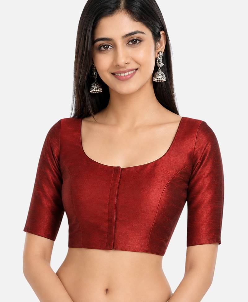 Maroon silk solid plain round neck half sleeve readymade saree blouse
