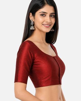 Maroon silk solid plain round neck half sleeve readymade saree blouse 3