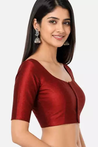 Maroon silk solid plain round neck half sleeve readymade saree blouse