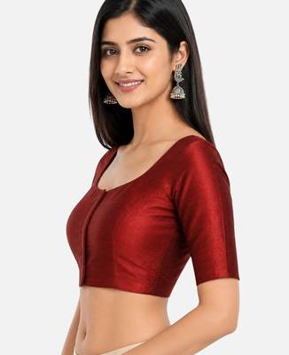 Maroon silk solid plain round neck half sleeve readymade saree blouse 4