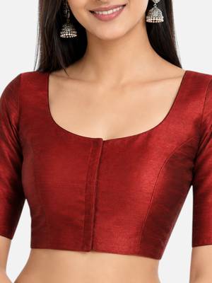 Maroon silk solid plain round neck half sleeve readymade saree blouse 5