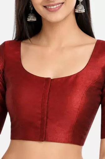 Maroon silk solid plain round neck half sleeve readymade saree blouse