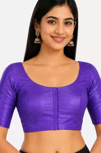 Purple silk solid plain round neck half sleeve readymade saree blouse