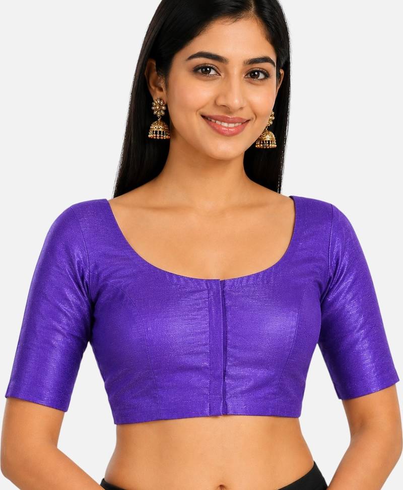 Purple silk solid plain round neck half sleeve readymade saree blouse