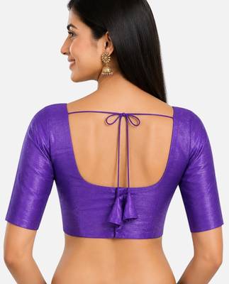 Purple silk solid plain round neck half sleeve readymade saree blouse 2