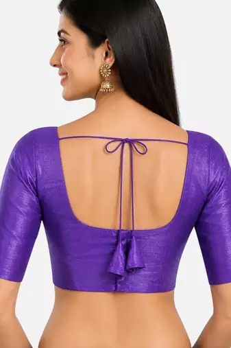 Purple silk solid plain round neck half sleeve readymade saree blouse