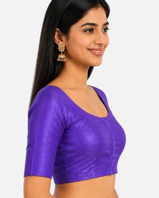 Purple silk solid plain round neck half sleeve readymade saree blouse 3