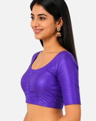 Purple silk solid plain round neck half sleeve readymade saree blouse 4