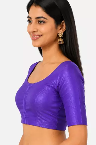 Purple silk solid plain round neck half sleeve readymade saree blouse
