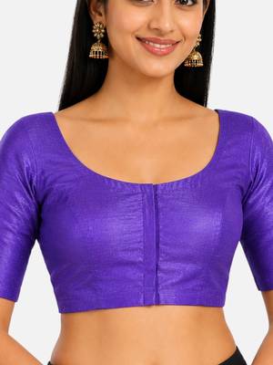Purple silk solid plain round neck half sleeve readymade saree blouse 5