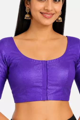 Purple silk solid plain round neck half sleeve readymade saree blouse