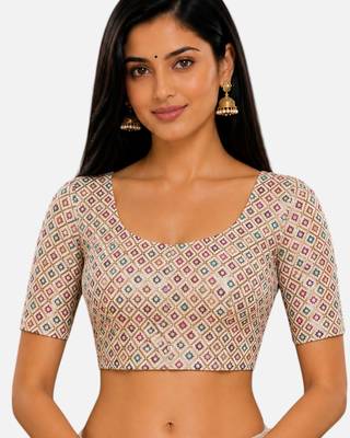 Multi silk blend sequence thread work round neck short sleeve readymade saree blouse 1