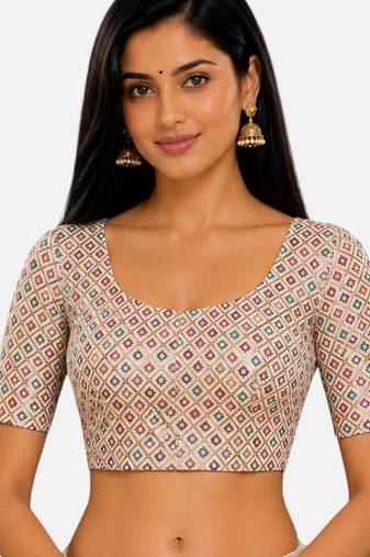 Multi silk blend sequence thread work round neck short sleeve readymade saree blouse