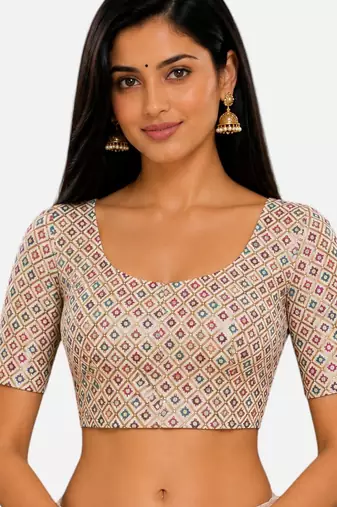 Multi silk blend sequence thread work round neck short sleeve readymade saree blouse
