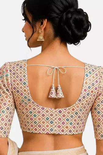 Multi silk blend sequence thread work round neck short sleeve readymade saree blouse