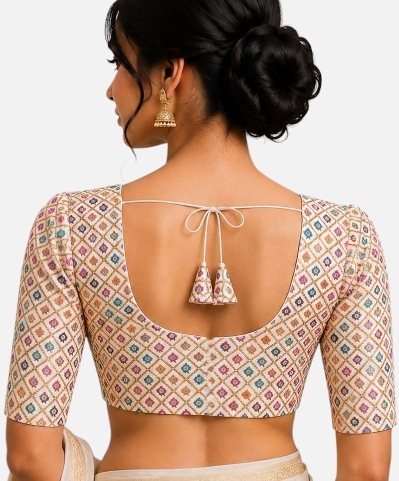 Multi silk blend sequence thread work round neck short sleeve readymade saree blouse