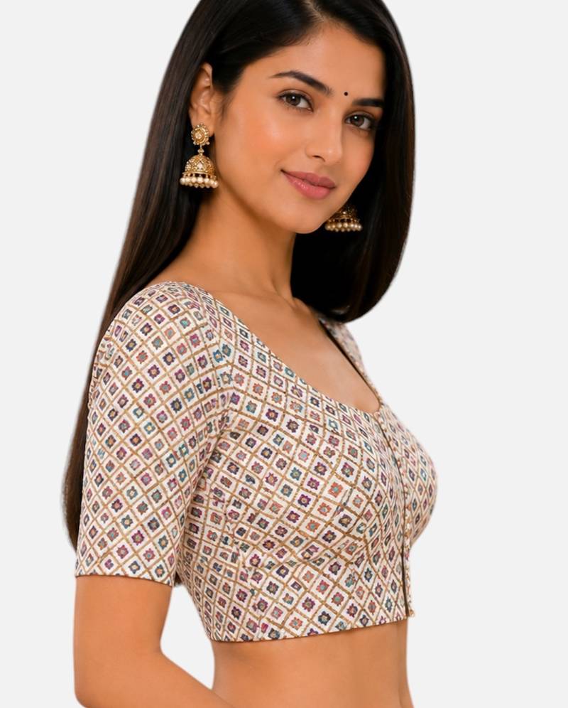 Multi silk blend sequence thread work round neck short sleeve readymade saree blouse