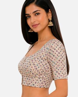 Multi silk blend sequence thread work round neck short sleeve readymade saree blouse 4