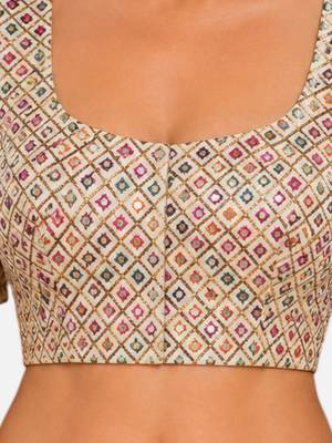 Multi silk blend sequence thread work round neck short sleeve readymade saree blouse 5