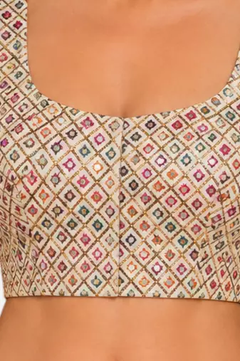 Multi silk blend sequence thread work round neck short sleeve readymade saree blouse