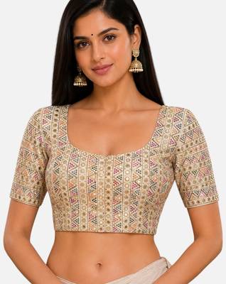 Multi silk blend sequence thread work round neck short sleeve readymade saree blouse 1