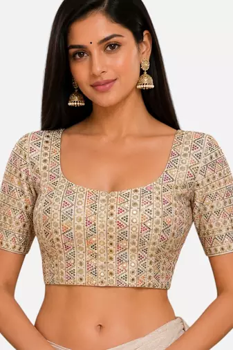 Multi silk blend sequence thread work round neck short sleeve readymade saree blouse