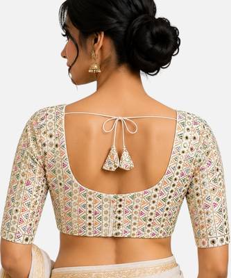 Multi silk blend sequence thread work round neck short sleeve readymade saree blouse 2