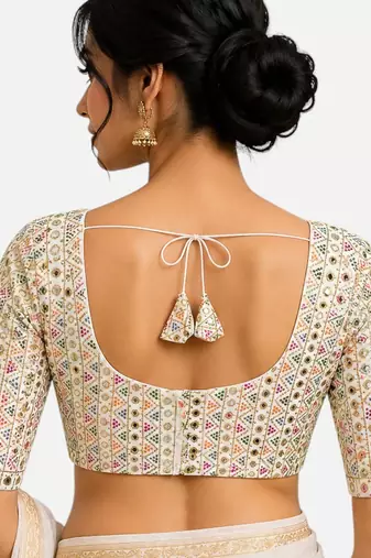 Multi silk blend sequence thread work round neck short sleeve readymade saree blouse