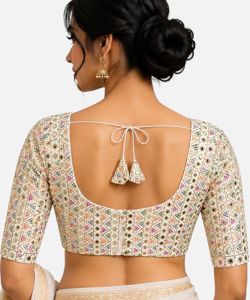 Multi silk blend sequence thread work round neck short sleeve readymade saree blouse