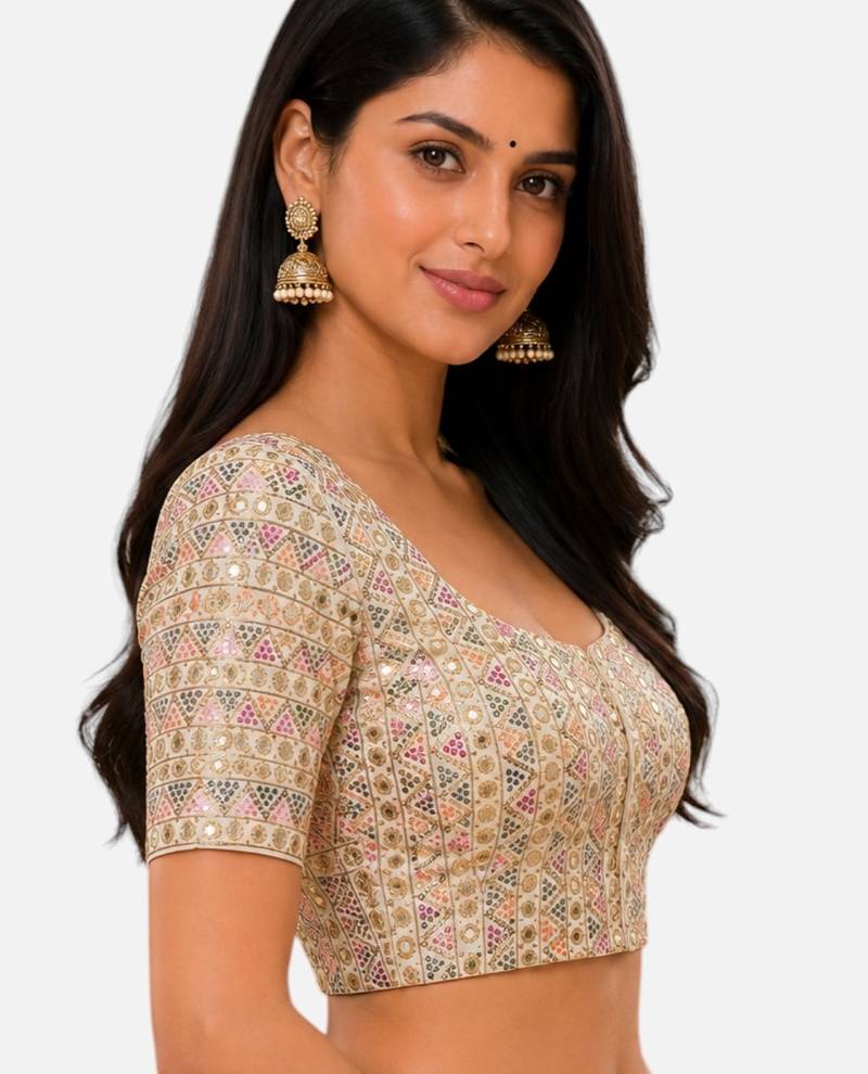 Multi silk blend sequence thread work round neck short sleeve readymade saree blouse