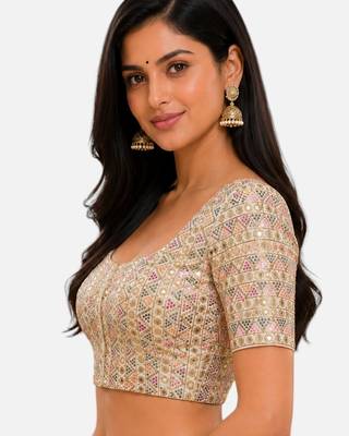 Multi silk blend sequence thread work round neck short sleeve readymade saree blouse 4