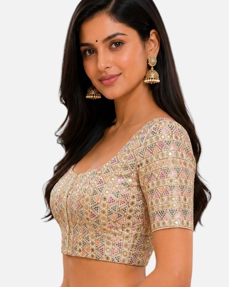 Multi silk blend sequence thread work round neck short sleeve readymade saree blouse
