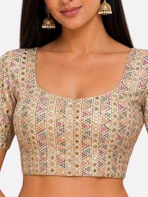 Multi silk blend sequence thread work round neck short sleeve readymade saree blouse 5