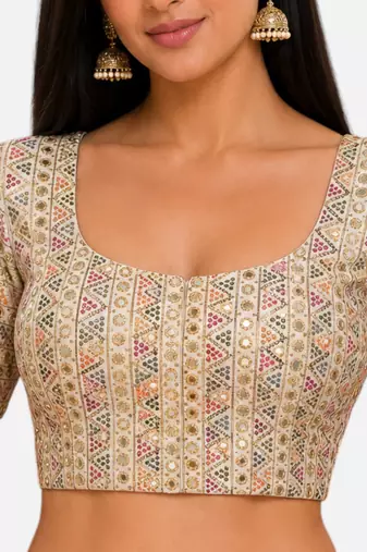 Multi silk blend sequence thread work round neck short sleeve readymade saree blouse