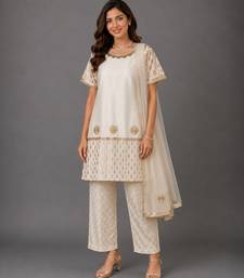 Off white embroidered chanderi cotton silk kurti set