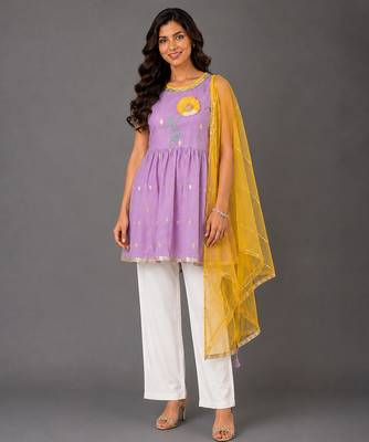 Purple off white embroidered cotton silk kurti set 1