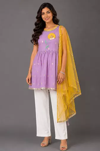Purple off white embroidered cotton silk kurti set