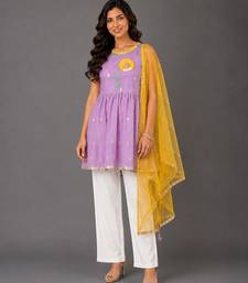 Purple off white embroidered cotton silk kurti set