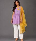 Purple off white embroidered cotton silk kurti set
