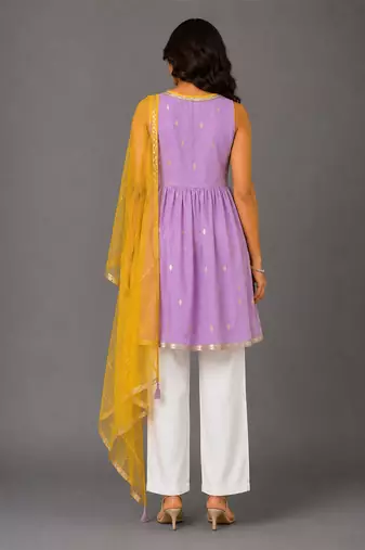 Purple off white embroidered cotton silk kurti set