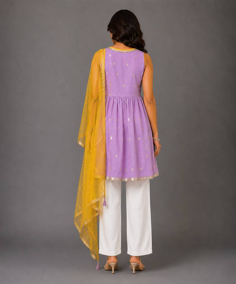 Purple off white embroidered cotton silk kurti set