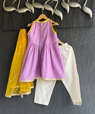 Purple off white embroidered cotton silk kurti set 3