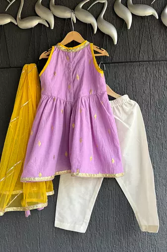 Purple off white embroidered cotton silk kurti set