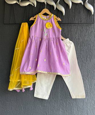 Purple off white embroidered cotton silk kurti set 4