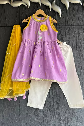 Purple off white embroidered cotton silk kurti set