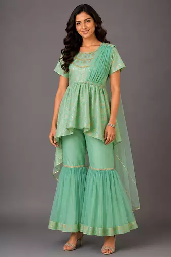 Green embroidered cotton silk attached dupatta sharara set