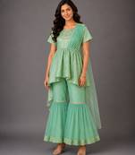 Green embroidered cotton silk attached dupatta sharara set