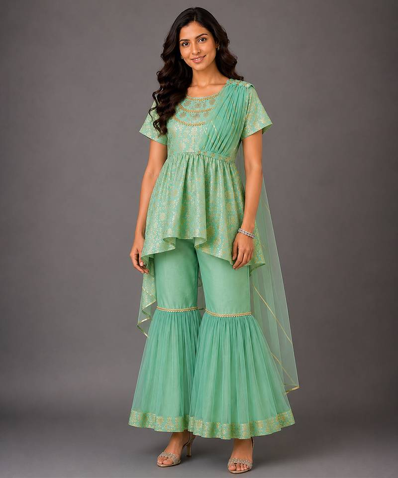 Green embroidered cotton silk attached dupatta sharara set